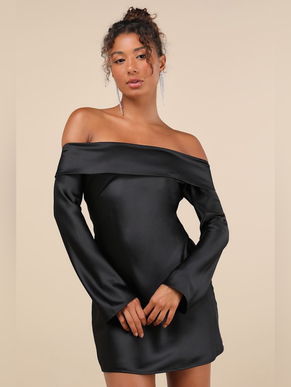NWT Lulus Luxurious Vision Black Satin Off-the-Shoulder Mini Dress Size Small